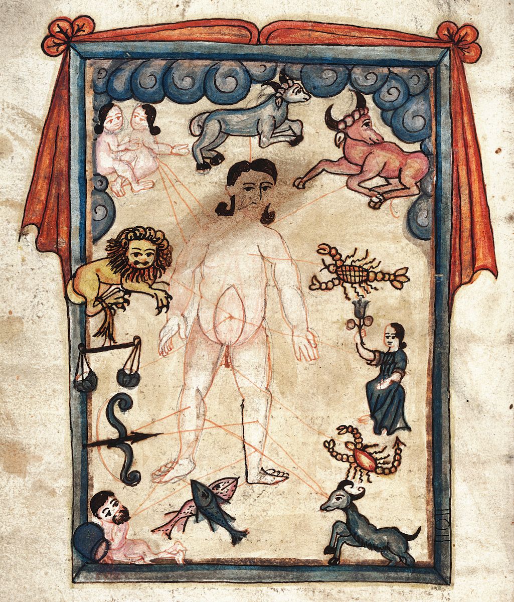 Medieval illustration of a nude male figure with lines connecting body parts to zodiac signs and animals.