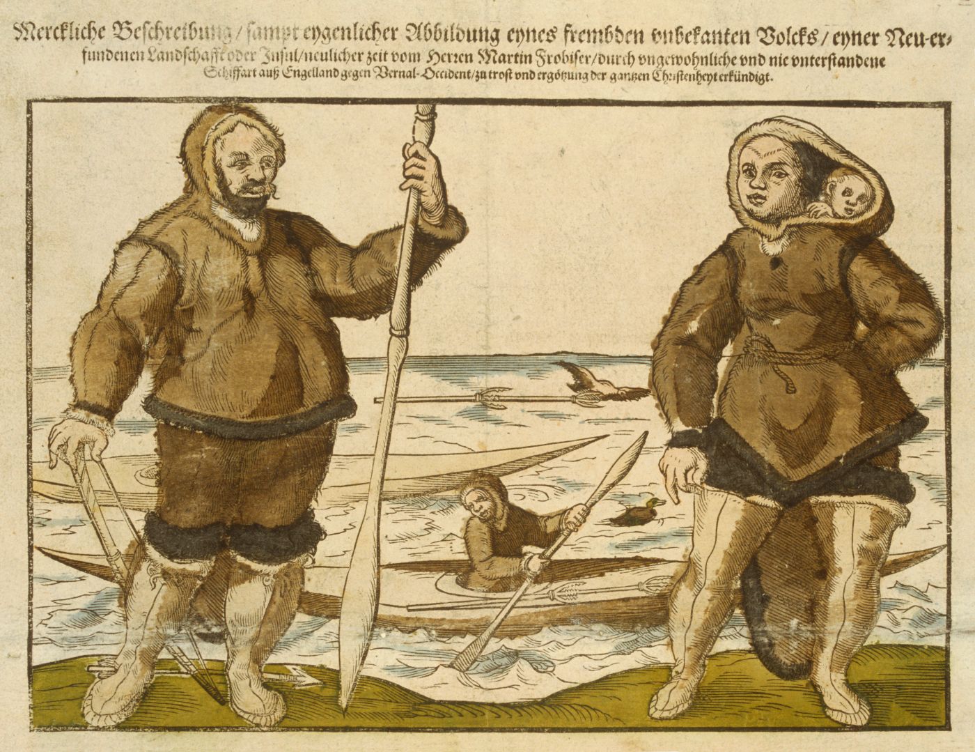 A historical woodcut print depicting two indigenous people hunting seals on ice.