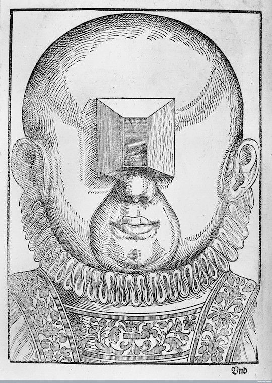 Black and white engraving of a person wearing an ornate helmet with a rectangular protrusion over the face.