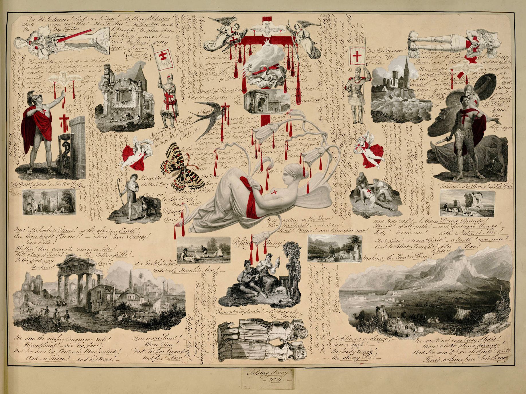 A detailed, antique illustration or engraving, likely a broadside or sheet music cover. It's a complex composition filled with numerous small vignettes and text.