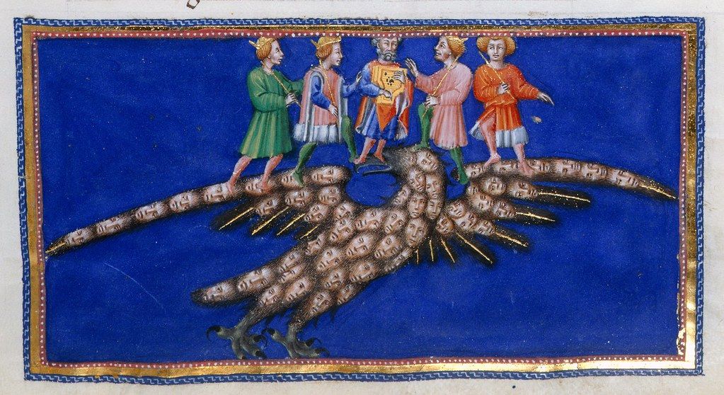 Medieval illustration of a peacock with five figures standing on its tail feathers.
