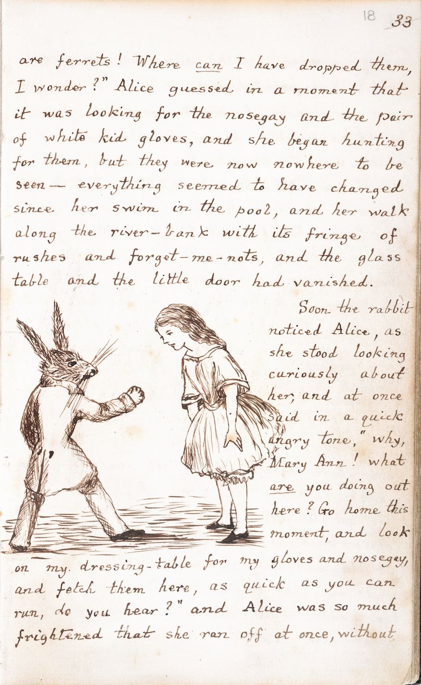 Vintage illustration of a rabbit scolding a girl in a dress and hat, who is running away in fear. The scene is set near a river bank with rushes and forget-me-nots.