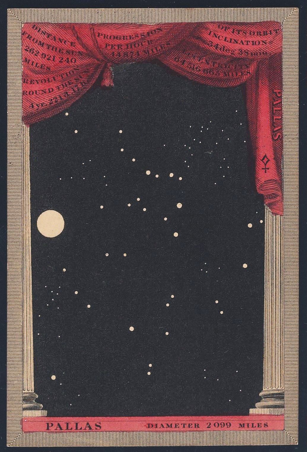 Vintage astronomical chart of Pallas, featuring stars, a crescent moon, and a theatrical red curtain framing astronomical data.