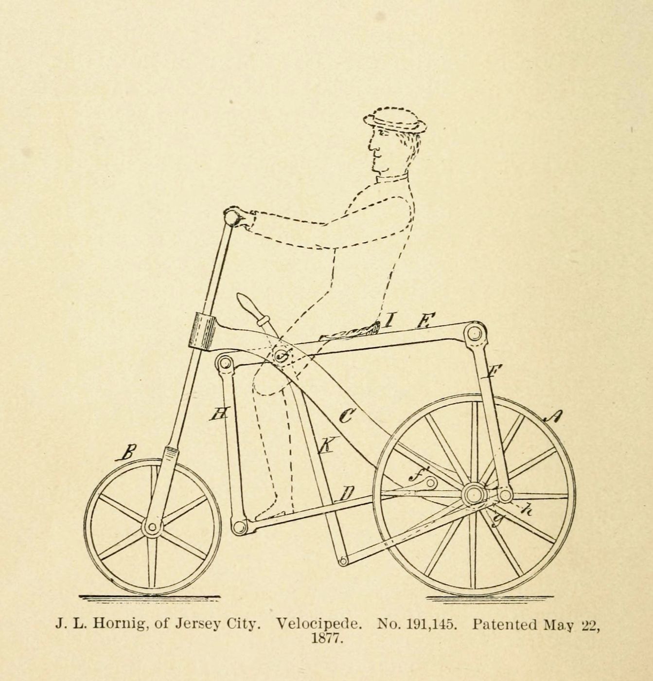 Patent drawing of a velocipede from 1877, showing a rider seated on a seat with hands on handlebars and feet on pedals, connected to a crank and chain, with a large front wheel and a smaller rear wheel.