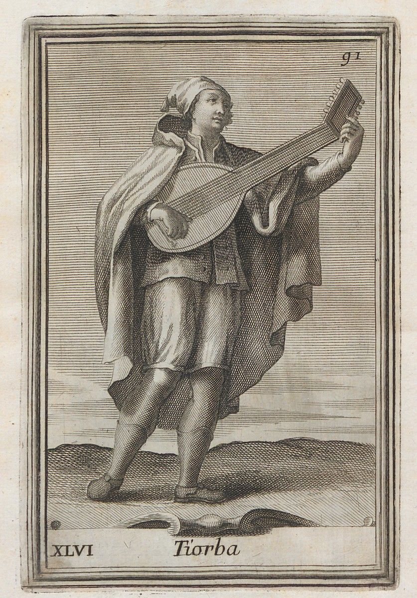 Vintage engraving of a man playing a theorbo.