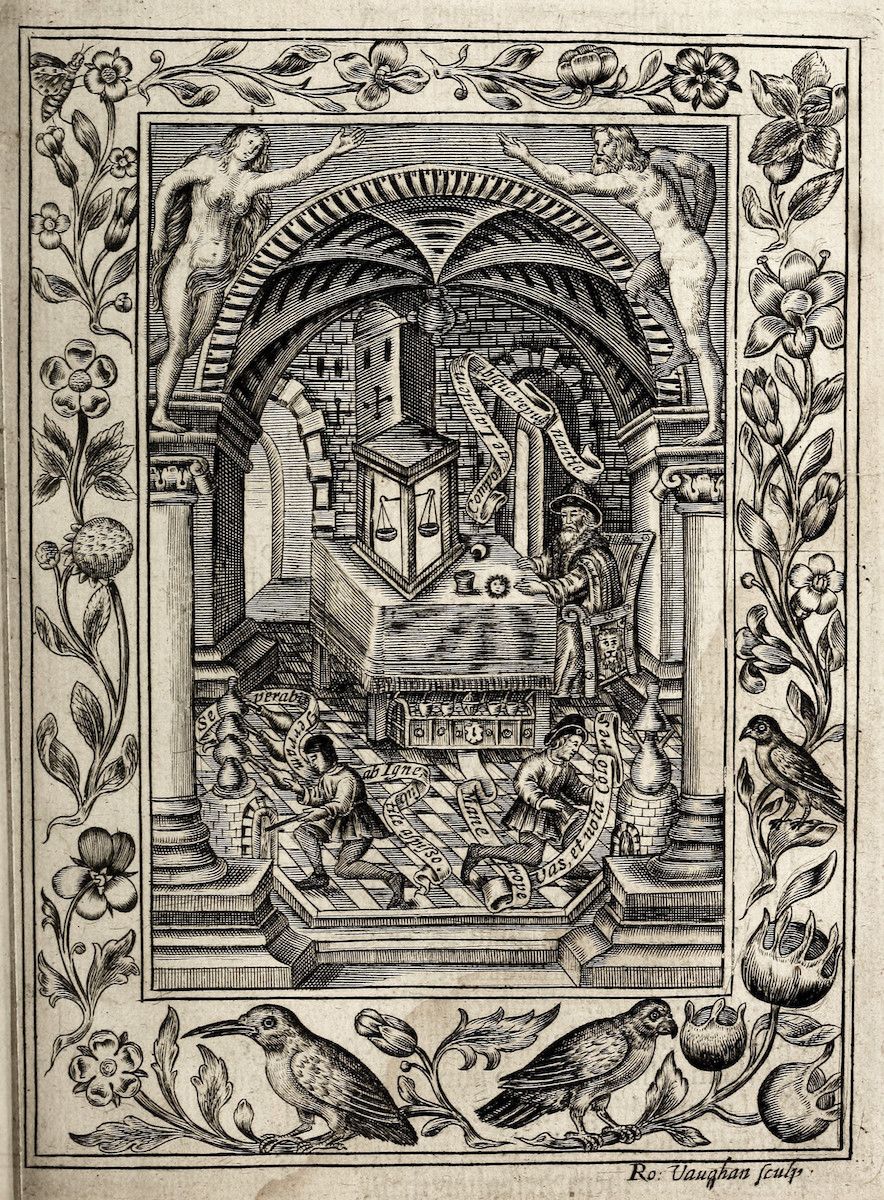A detailed black and white engraving depicting a gothic architectural scene with scales, two men, and a bird, framed by an ornate floral border.