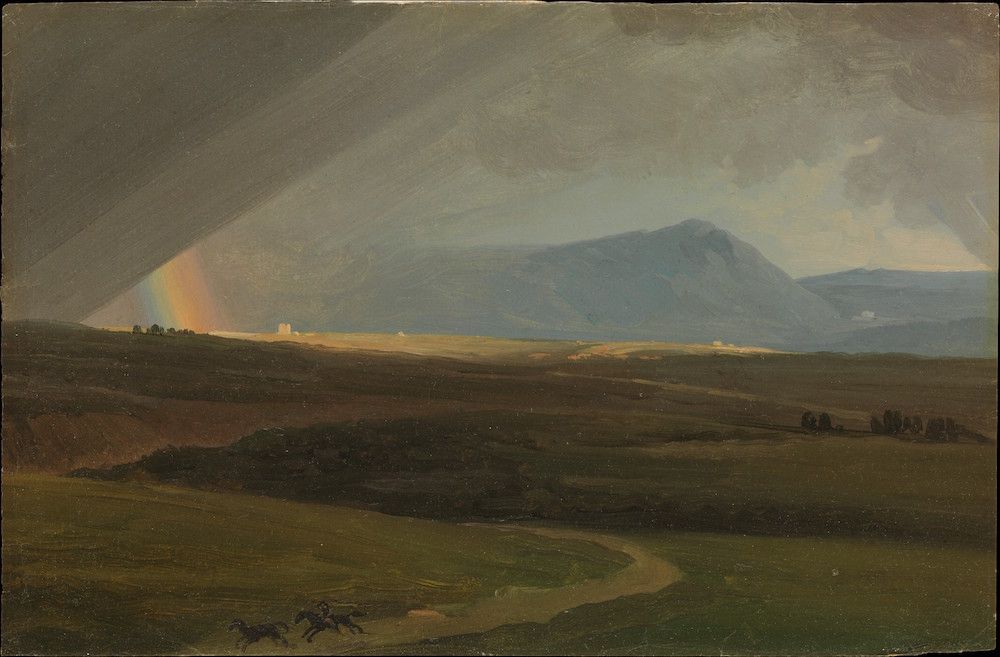 A landscape painting of a field with a rainbow and mountains.