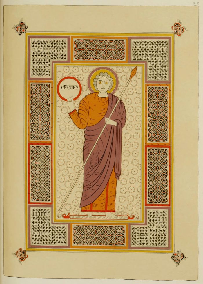 A detailed illuminated manuscript page featuring a full-length depiction of a man in a reddish-brown robe holding a spear, framed by an elaborate border of geometric patterns and knotwork.