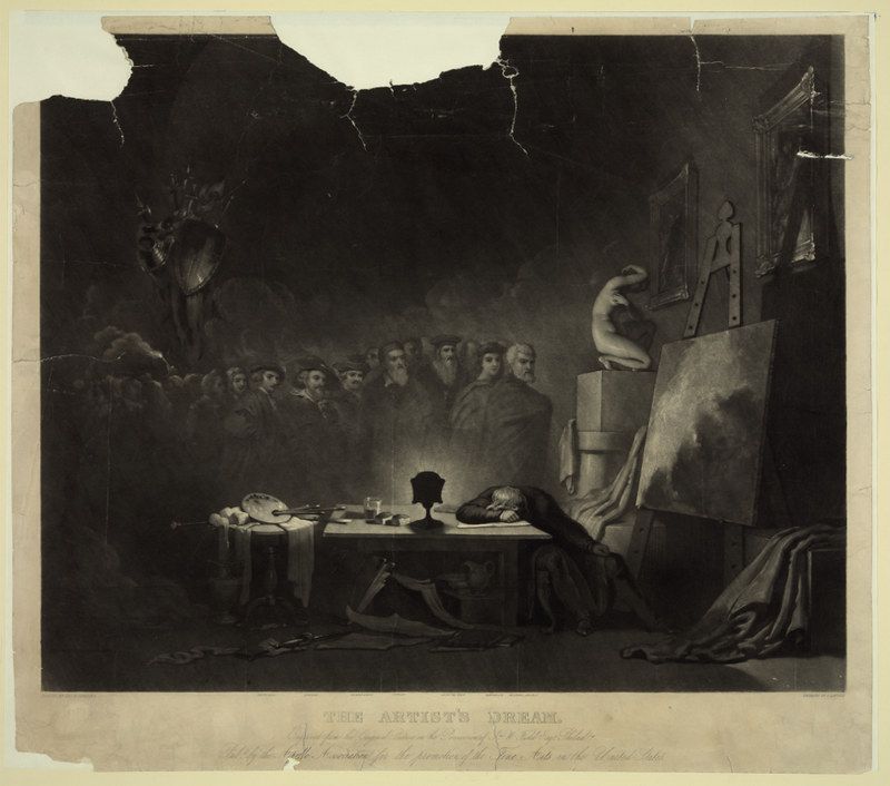 A black and white engraving titled "The Artist's Dream" depicts a dimly lit artist's studio filled with ghostly figures gathered around a table with a skull. An artist works on a canvas in the background.