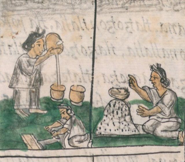 A colorful illustration from a historical manuscript, likely of Aztec or Mesoamerican origin, depicting three individuals engaged in food preparation or a ritual activity.