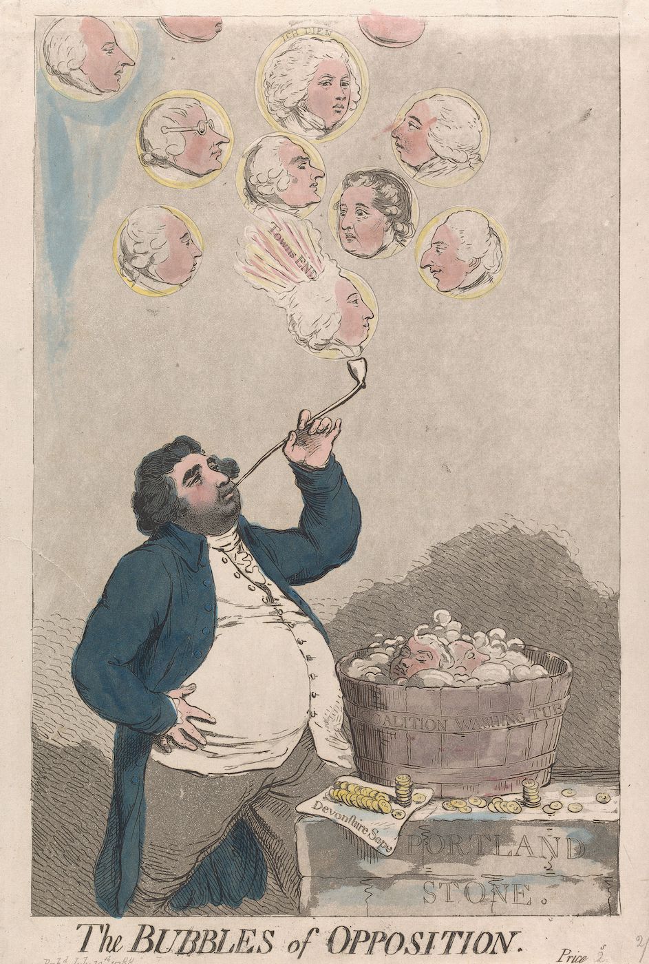 A political cartoon titled "The Bubbles of Opposition" depicting a stout man blowing bubbles, each containing the head of a different man, above a barrel and crates.