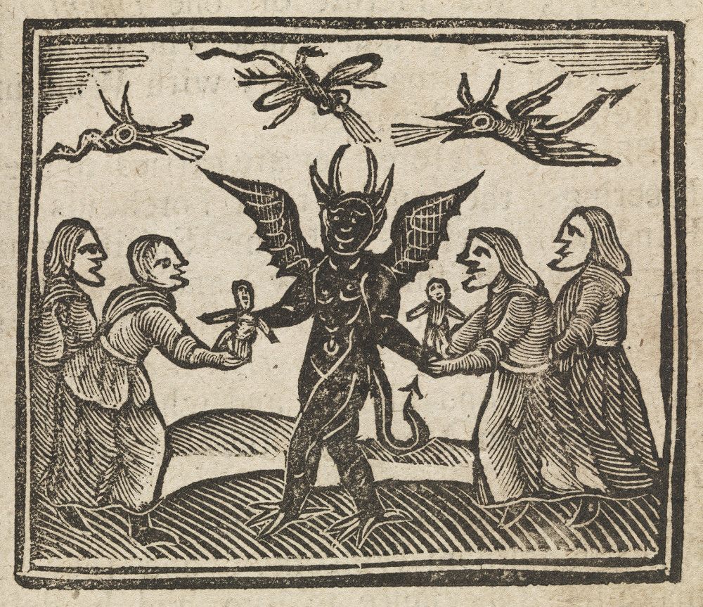 A black and white woodcut illustration depicting a devil holding two children, surrounded by four people holding hands with the devil. Four bird-like creatures fly above the scene.
