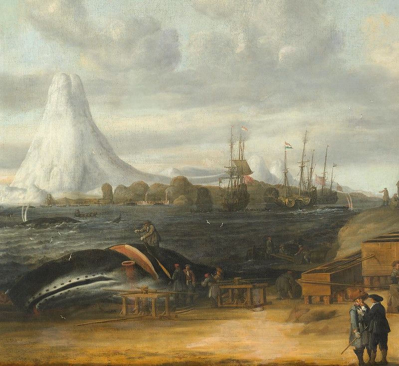A painting of a whaling scene with a large whale being harpooned by a steam-powered ship, surrounded by icebergs and other whaling vessels.