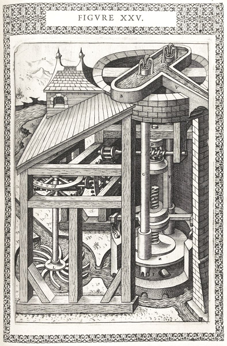 Detailed black and white engraving of a complex water mill structure with gears, wheels, and a steeply pitched roof.
