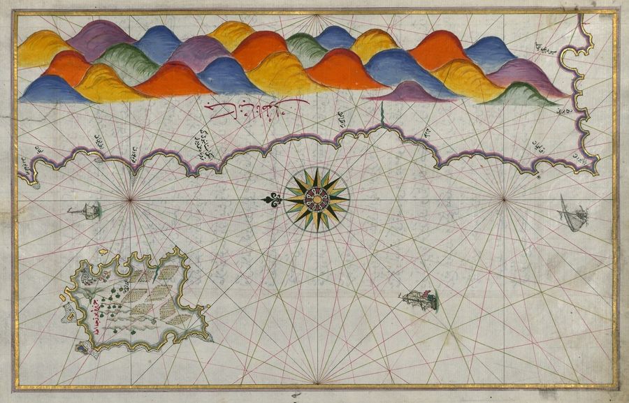 Antique map with a coastline, mountains, ships, and a compass rose.