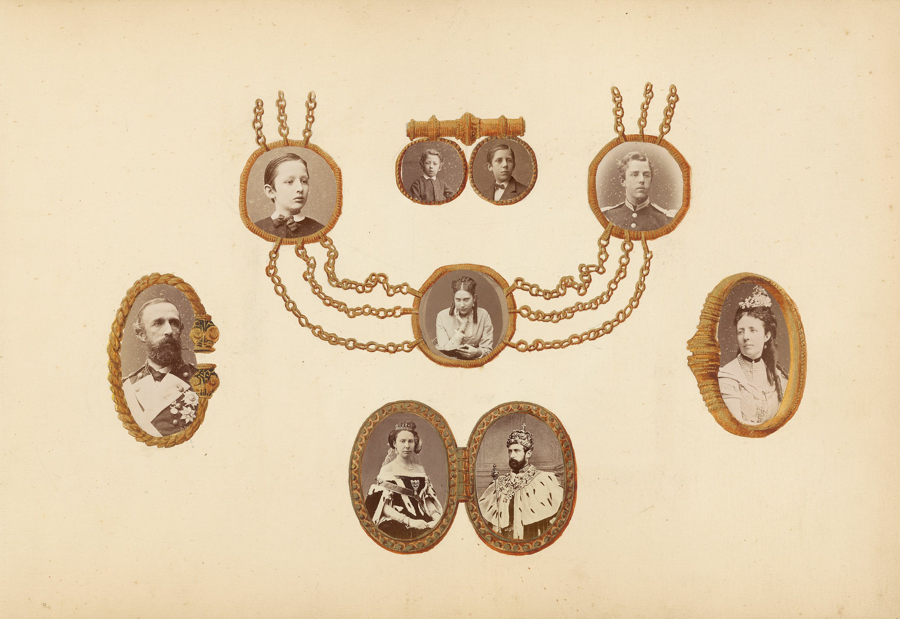 A vintage photograph featuring a collection of oval portraits arranged in a decorative pattern resembling a necklace or garland.