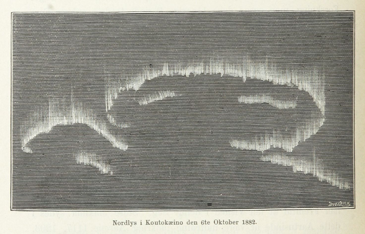 A vintage illustration of the Northern Lights over Koutokeino, Norway on October 6th, 1882. The aurora is depicted as a fragmented, arching band of light against a dark sky.