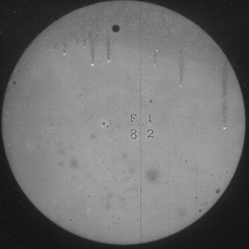 A grayscale image of the sun with a prominent sunspot and numerical markings.