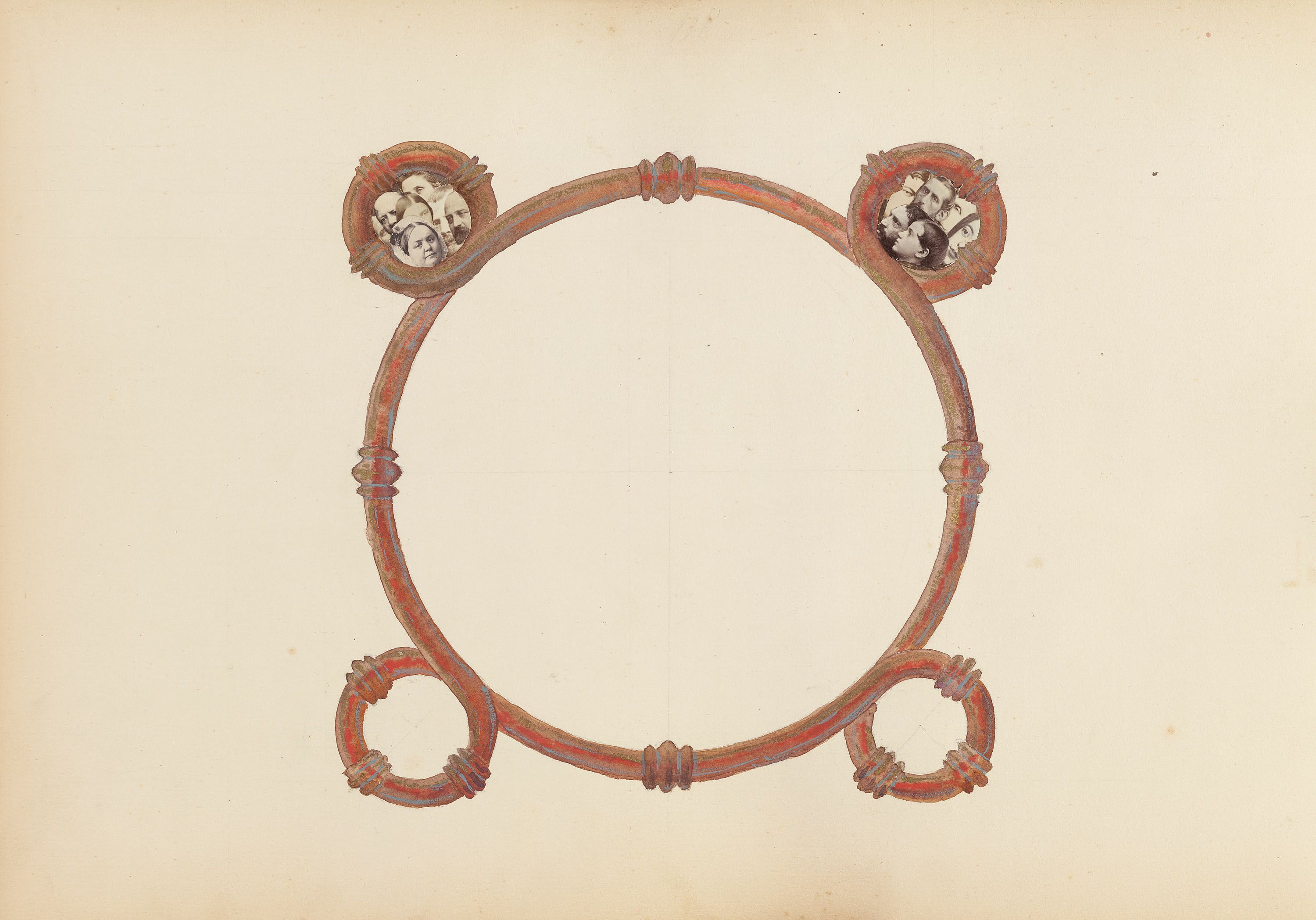 A detailed, ornate frame or design element in reddish-brown, with repeating motifs and stylized figures within the embellishments.