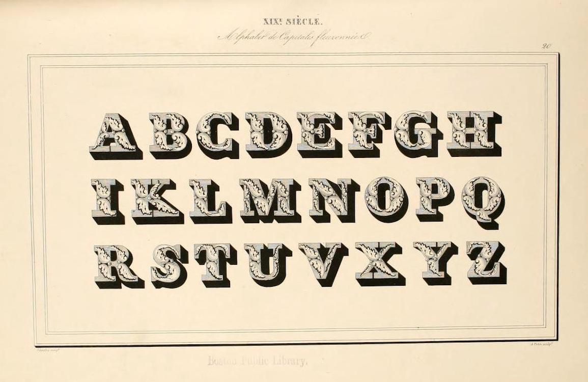 A page from a 19th-century publication featuring a decorative alphabet in capital letters.