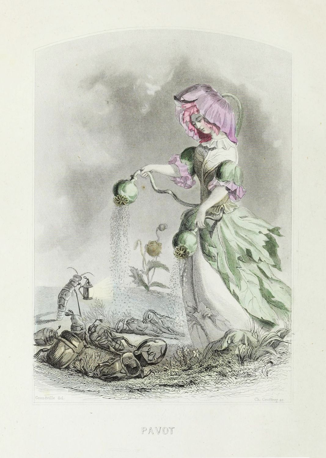 Vintage lithograph of a woman scattering poppy seeds over fallen soldiers.