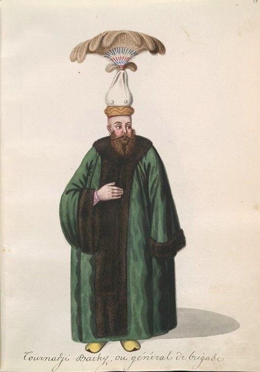 Vintage illustration of a man in green robe and ornate hat.