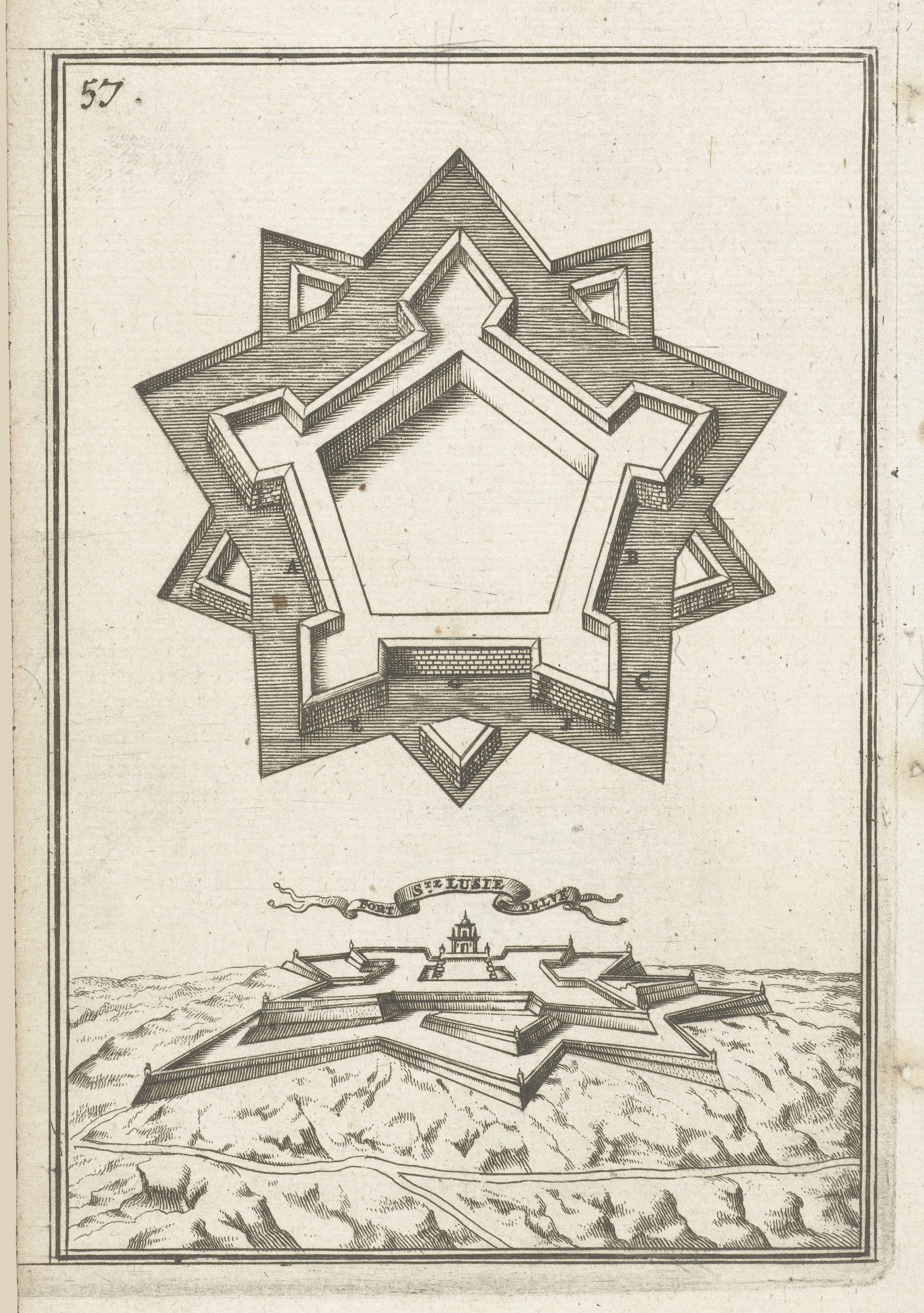 Vintage illustration of a star-shaped fort with a landscape view.