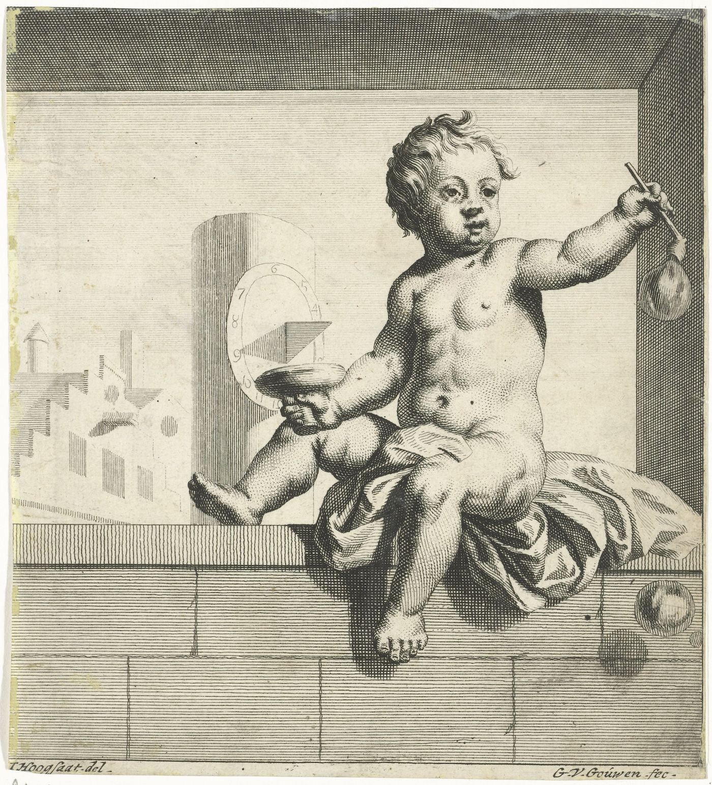 A black and white engraving of a cherubic angel perched atop a stone base, holding a rope attached to a globe, with a building in the background.