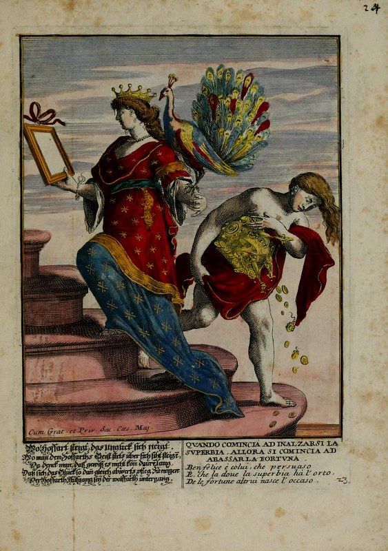 An engraving depicting a woman admiring herself in a mirror while gold coins spill from her gown, and she falls backward, symbolizing vanity and downfall.