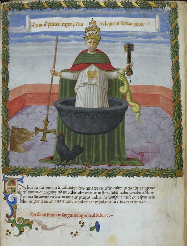Illuminated manuscript page depicting a pope standing before a cauldron with a serpent emerging from it.