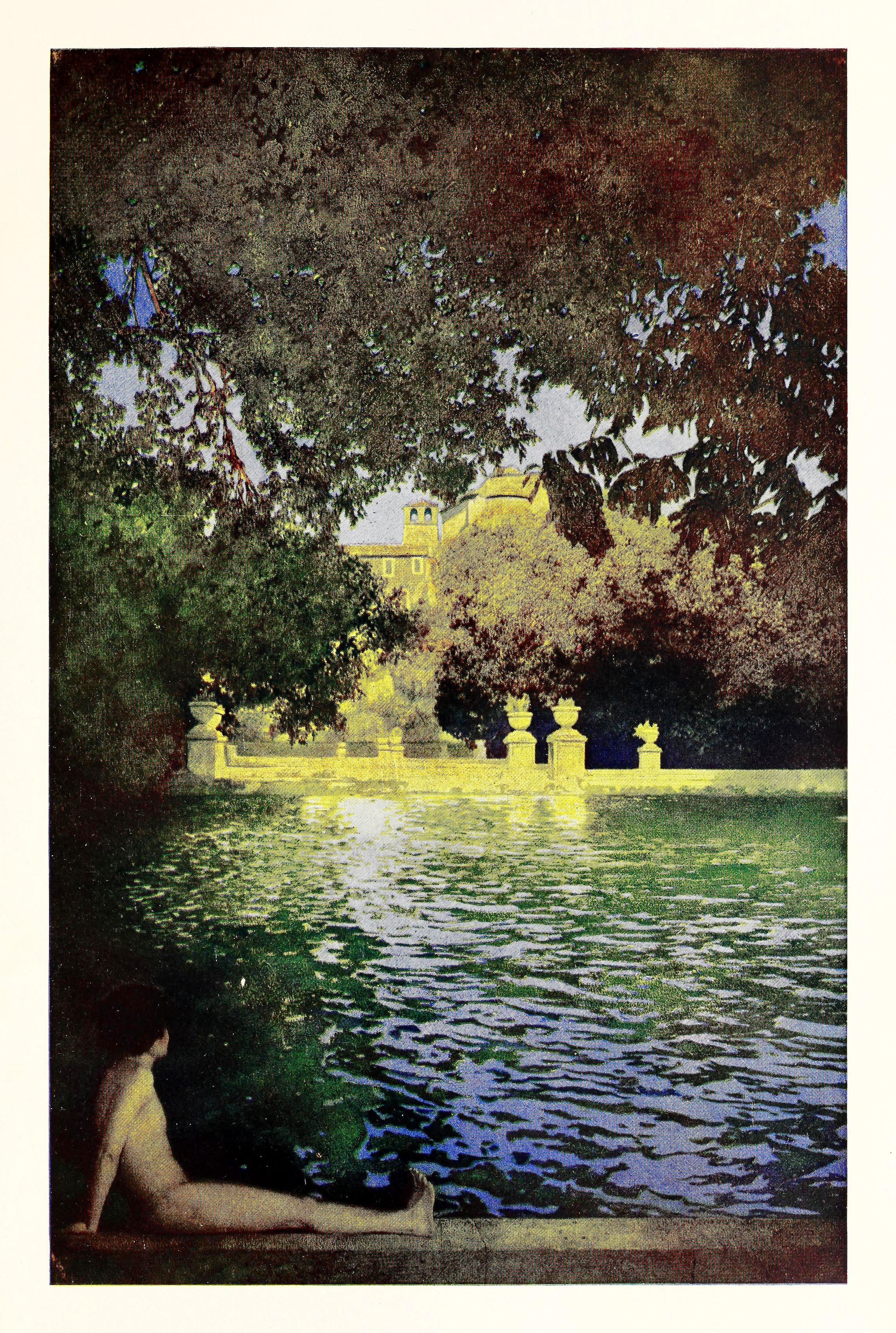 A person bathing in a pool of water with a grand building and lush trees in the background.