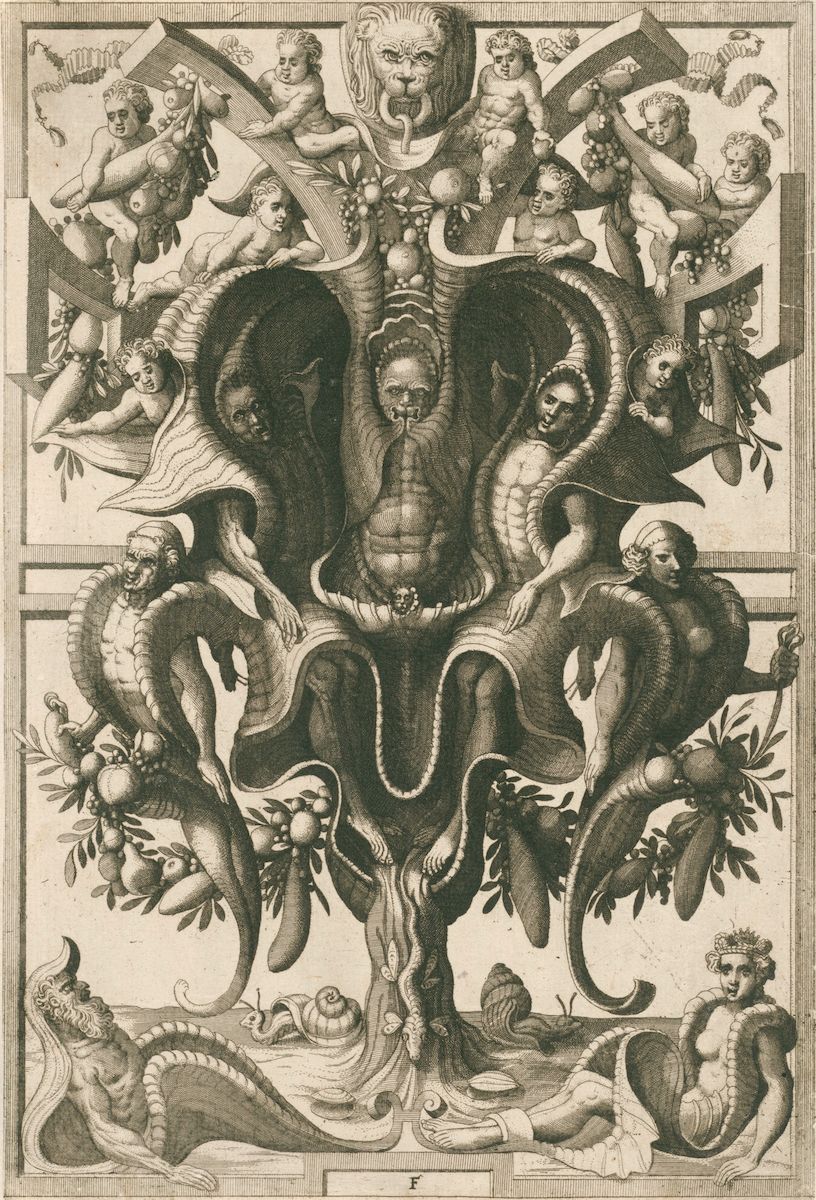 A detailed black and white engraving featuring a grotesque design with human faces, putti, lions, and serpentine creatures, framed by a decorative border and with the letter 'F' at the bottom.