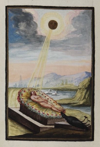 Watercolor painting of a nude male figure lying on a coffin, with a sun shining down and a landscape in the background.