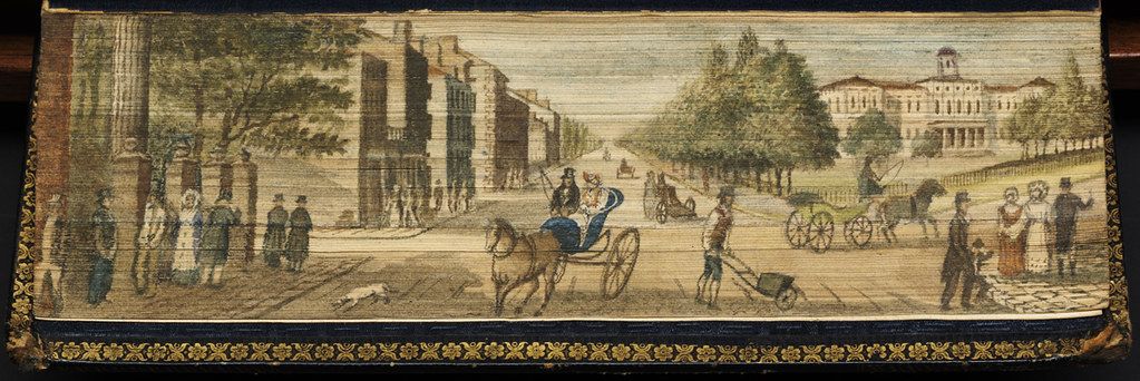 A long, panoramic tapestry depicting a bustling street scene in a European city.