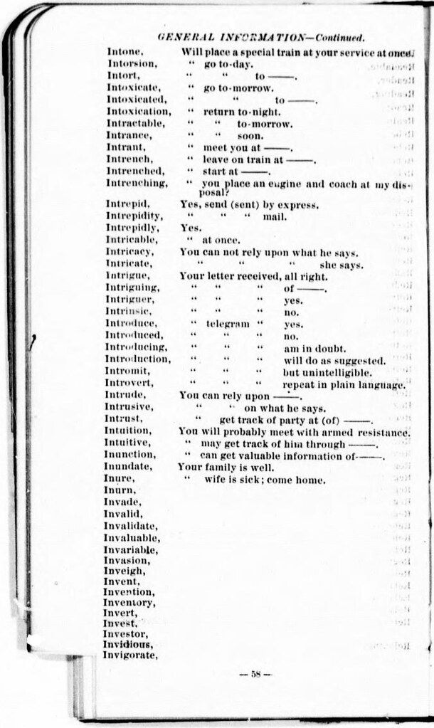 A page from a historical document with a list of words and corresponding phrases, resembling a codebook or communication key.