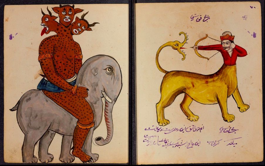 A diptych featuring fantastical creatures. The left panel shows a gray elephant ridden by a multi-headed, reddish-brown humanoid figure. The right panel depicts a lion-like creature ridden by a tiny human archer.