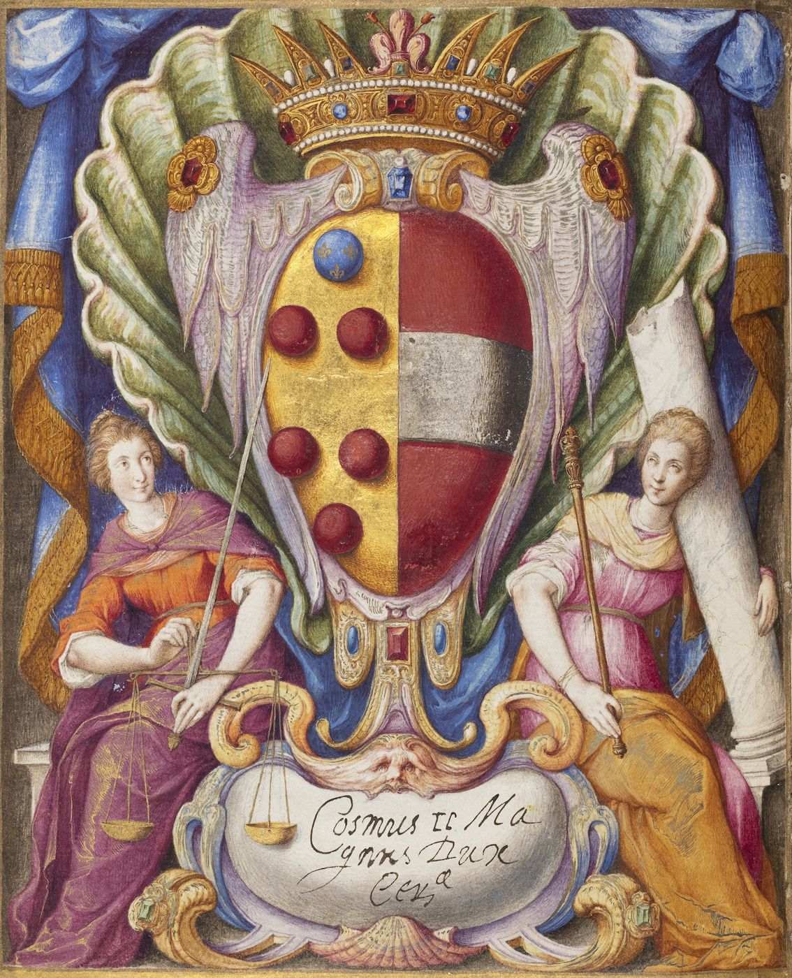 A detailed painting of a coat of arms with angelic figures and regal symbols.