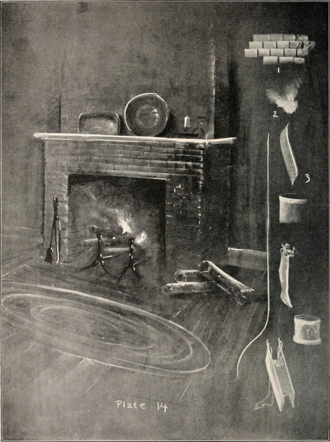Black and white illustration of a fireplace scene with stockings, a fire, and a rug.