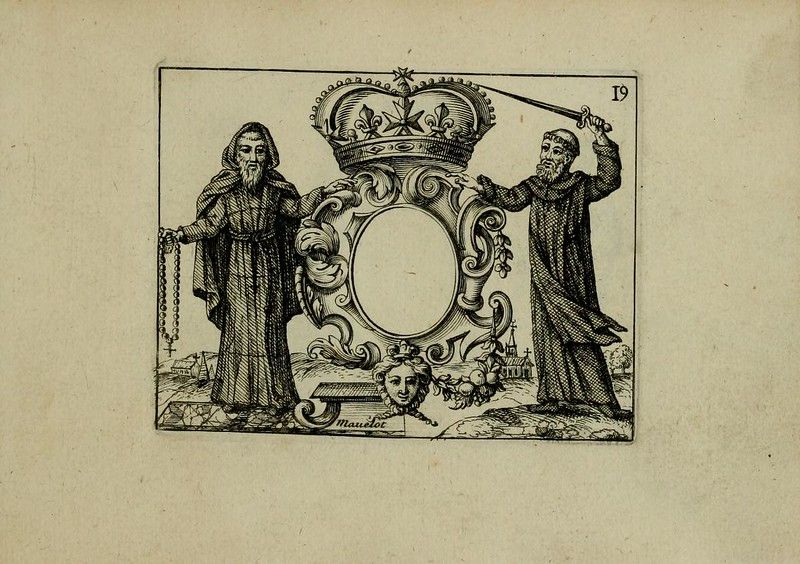 An old black and white illustration of two monks holding ropes connected to a crown above an ornate shield with a blank oval space. The scene includes buildings and crosses in the background, and the number '19' is written in the upper right corner.