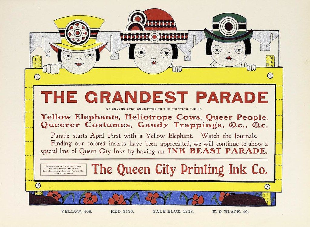 A vintage advertisement for The Queen City Printing Ink Co. featuring colorful imagery and bold typography.