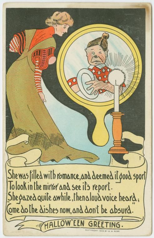Vintage Halloween greeting card illustration of a woman looking into a mirror that reflects a ghost asking her to do the dishes.