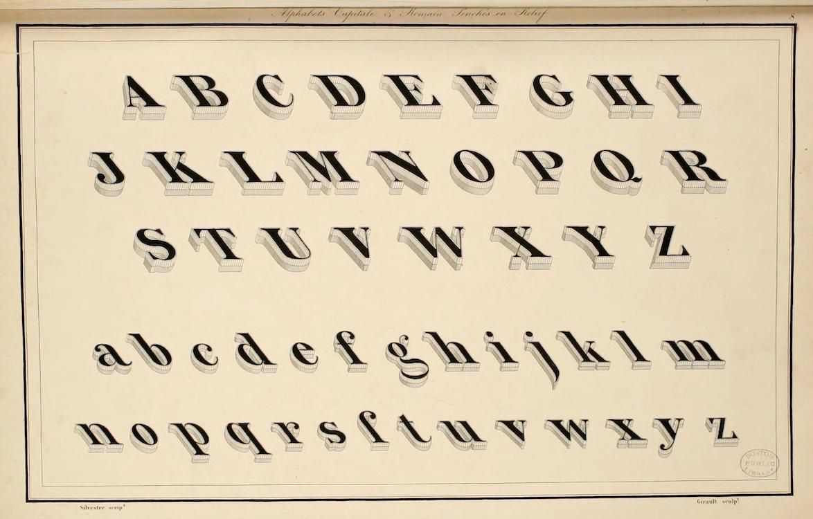 Vintage alphabet chart with 3D letters in uppercase and lowercase.