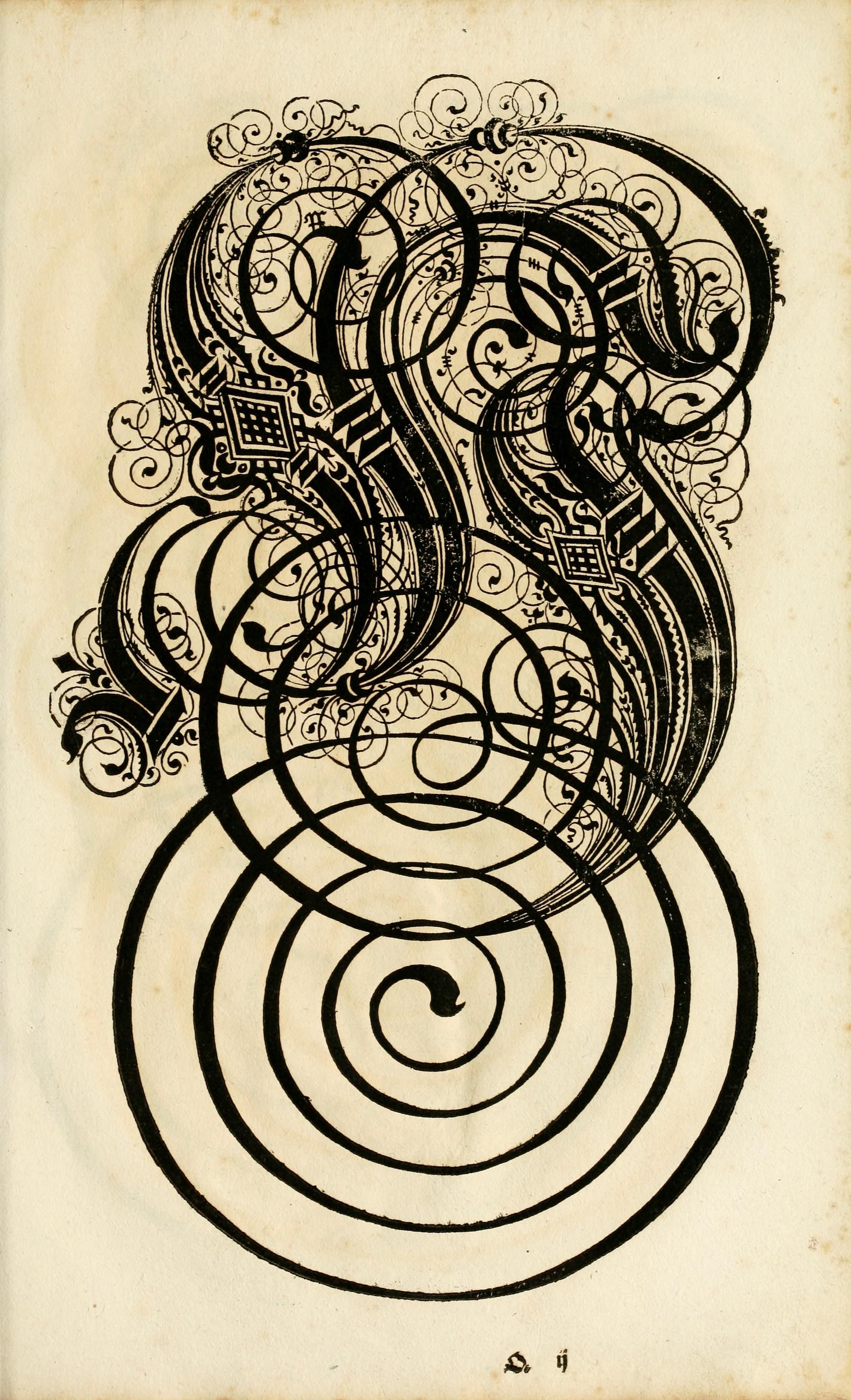 A detailed black and white illustration of an ornate, swirling design with spirals, scrolls, and flourishes.