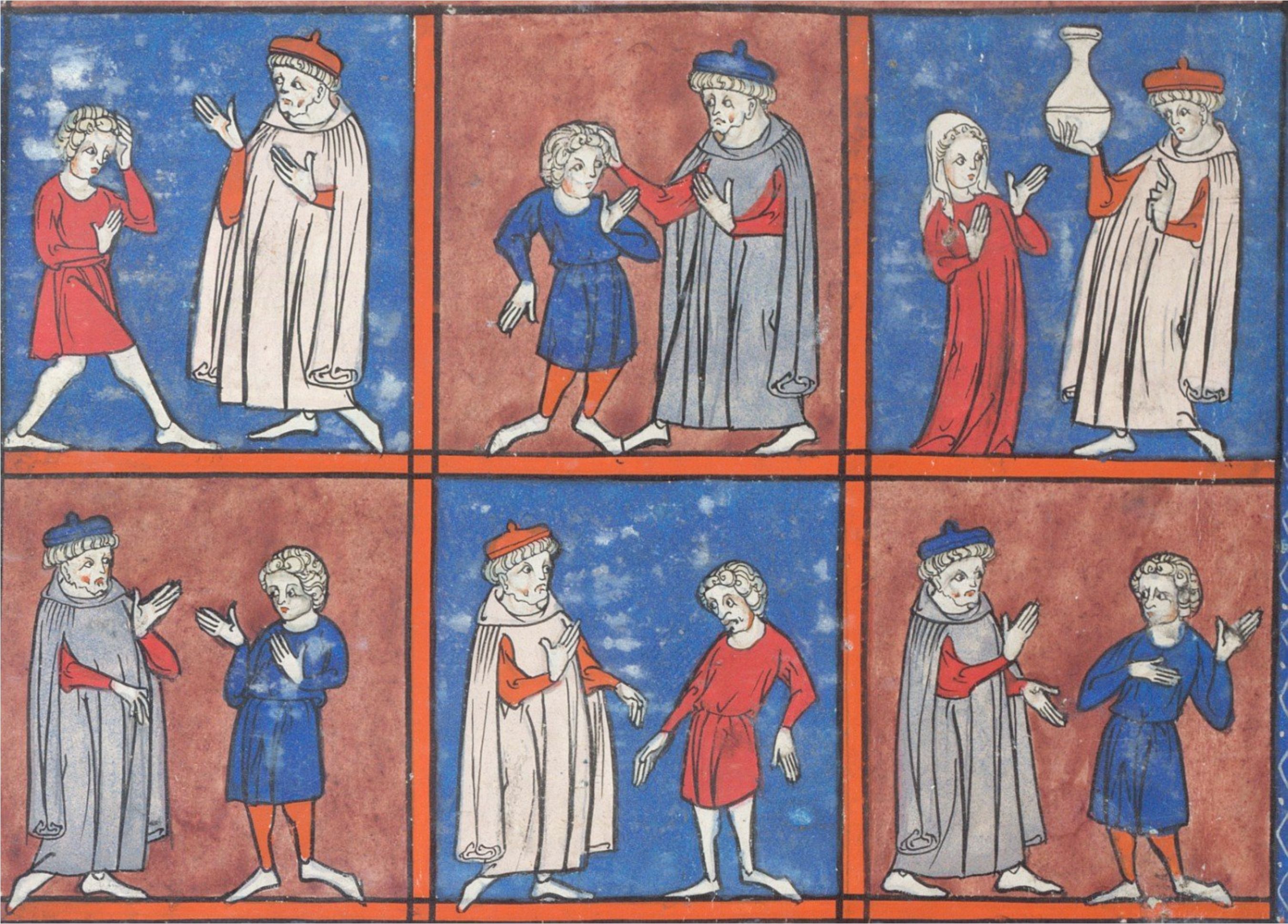 A medieval manuscript illustration divided into six rectangular panels arranged in a 2x3 grid. Each panel depicts two figures interacting, rendered in a flat, stylized manner typical of medieval art.