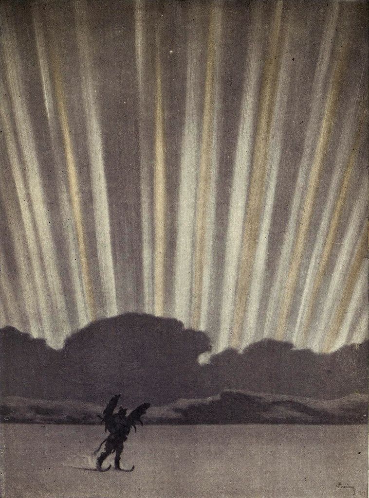 A sepia-toned illustration of a winged figure standing in a desolate landscape beneath a sky filled with intense, vertical light rays.