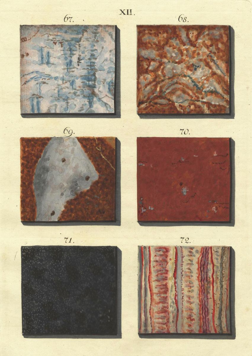 A vintage illustration featuring six square panels, each displaying a unique pattern or texture. The panels are numbered 67 to 72 and showcase marbled, striped, and speckled designs in various shades of red, brown, white, and black.