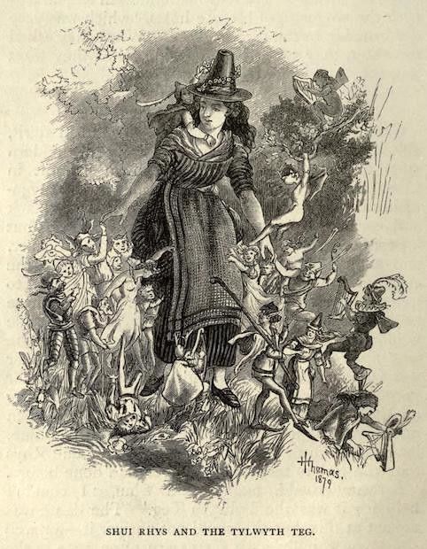 Vintage illustration of a tall woman surrounded by a swarm of fantastical creatures in a wild landscape.