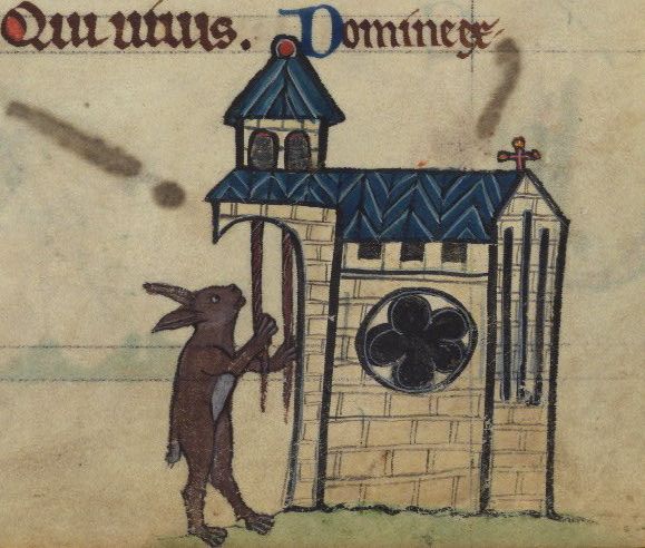 Medieval illustration of a demonic creature reaching towards a church with a comet in the sky.
