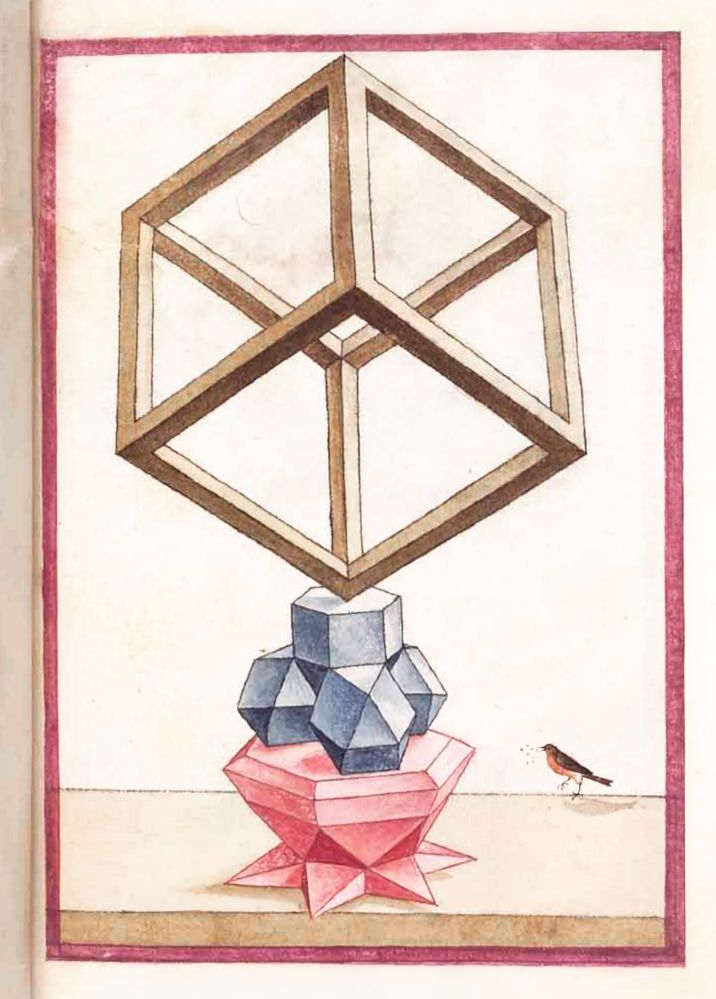 Vintage illustration of a wireframe cube above blue crystals on a pink star-shaped base, with a small bird nearby.