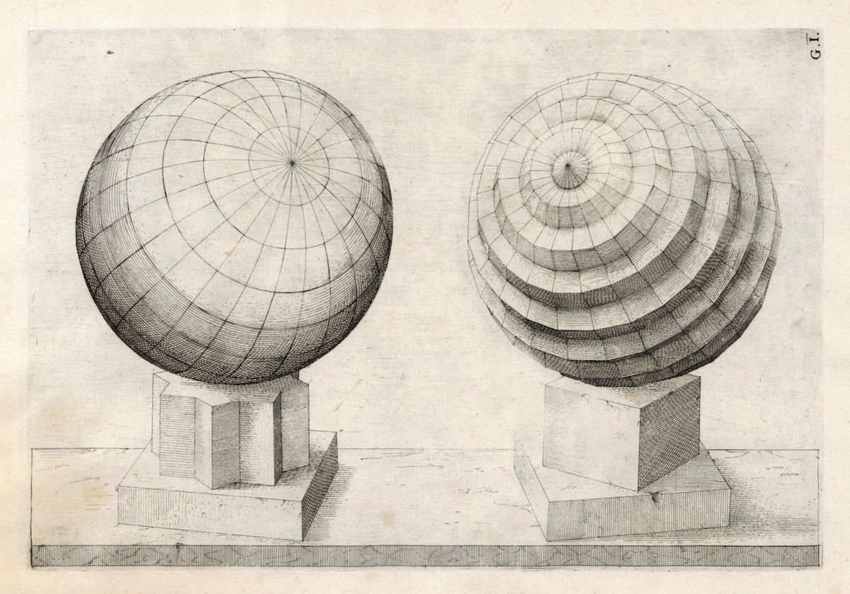 Two spheres on bases, one with a grid pattern and the other with concentric circles, depicted in a historical engraving style.